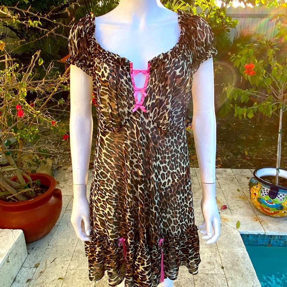 Betsey Johnson Brown Leopard Print Chemise with Pink Ribbon Accents